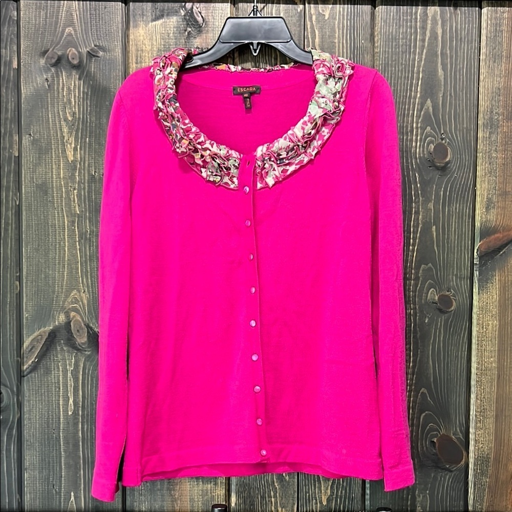 Escada Cardigan 40 M Pink Virgin‎ Wool Silk Sweater Spring Pink Floral Summer